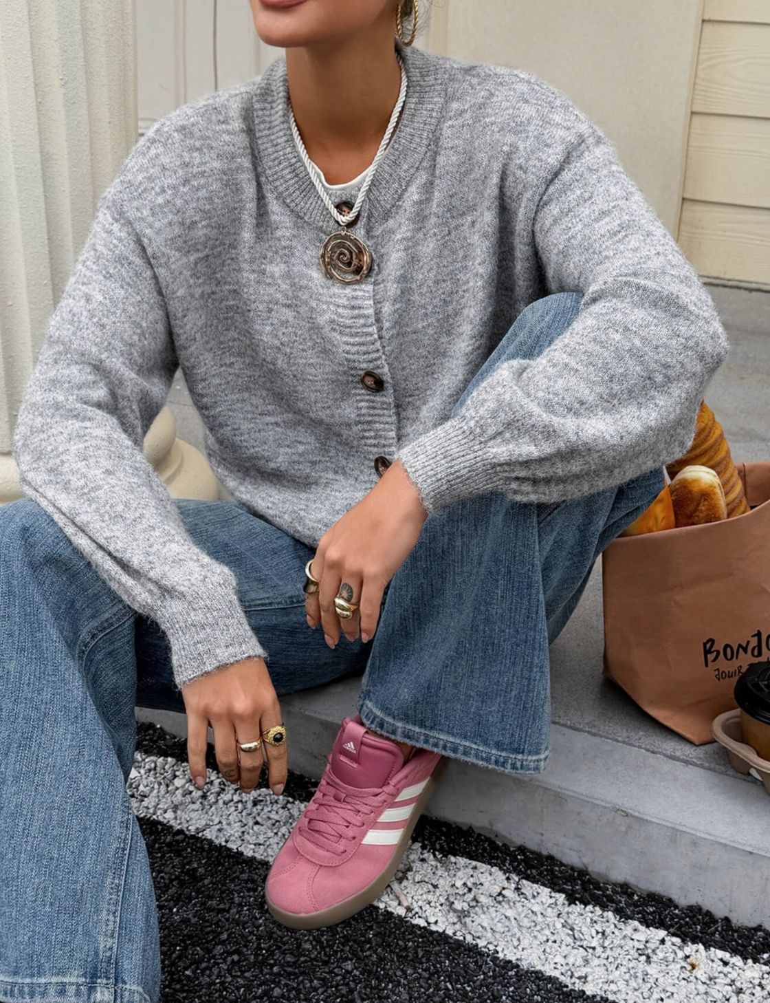 Crew Neck Cardi | Grey