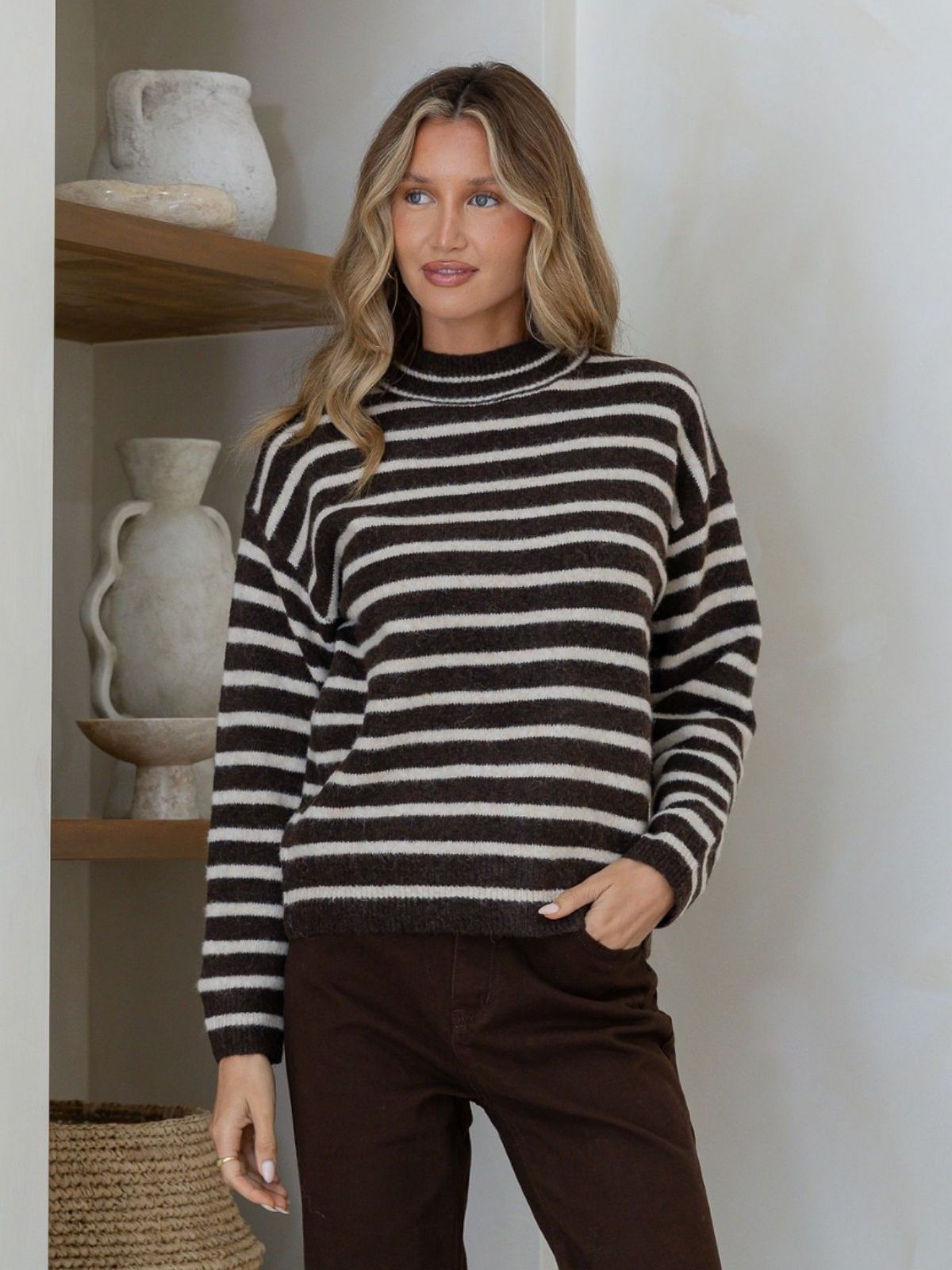 Stripe Mock Turtle Knit |Latte/Chocolate