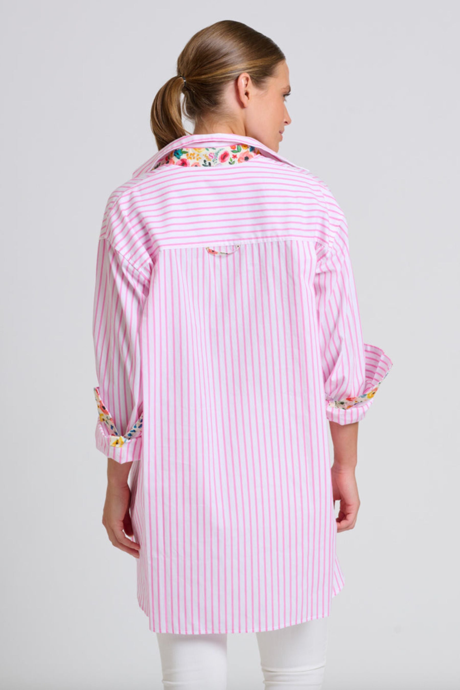 The Boyfriend Shirt | White with Pink Stripe Floral Trim