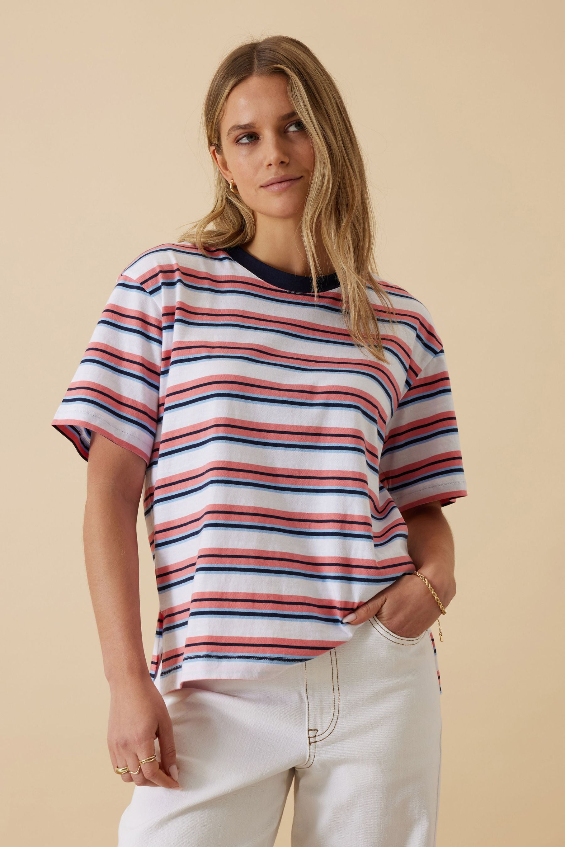 Stevie Slouchy Tee | Washed Coral/New Navy Stripe