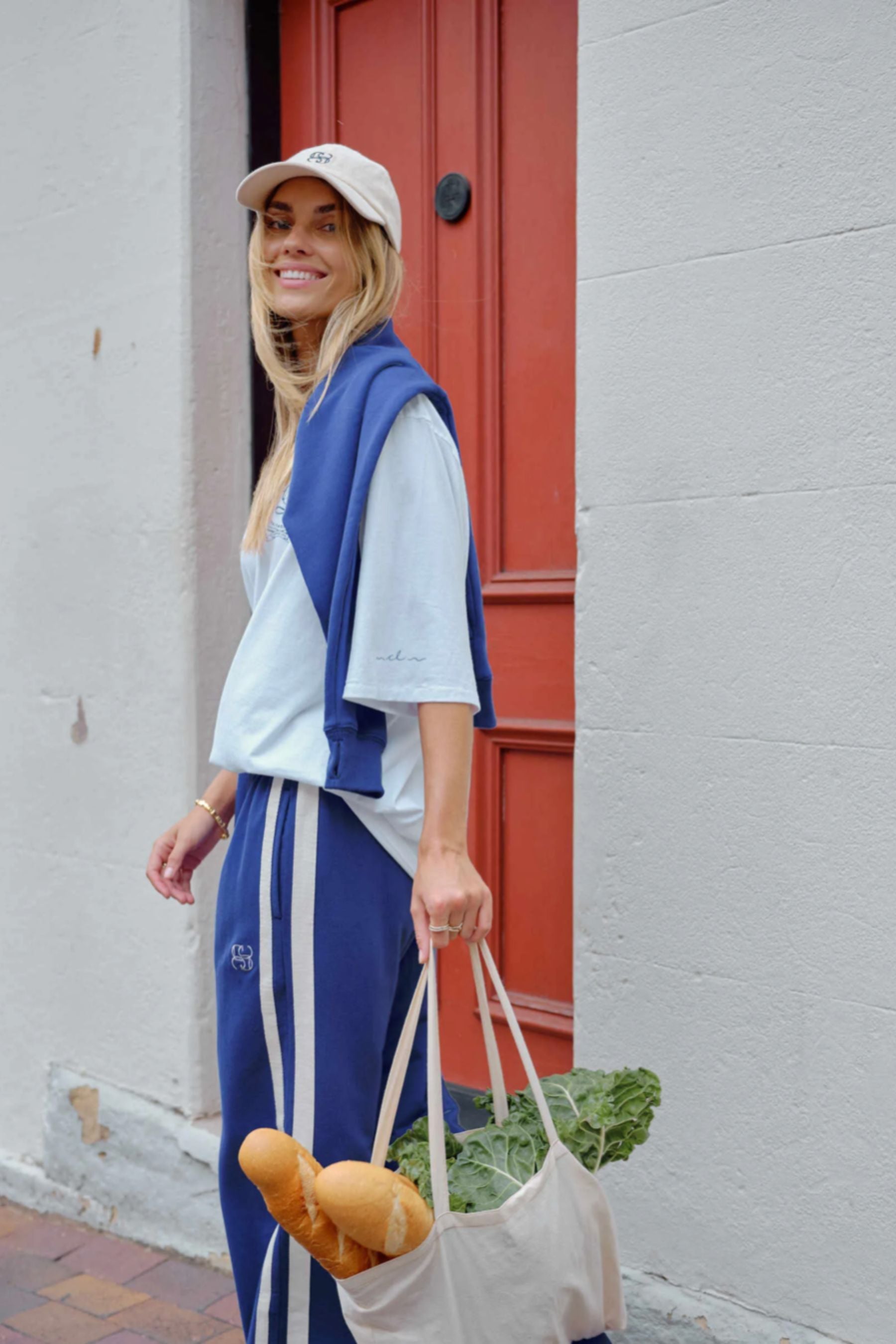 Gigi Wide Leg Terry Pant | Washed Navy Side Stripe