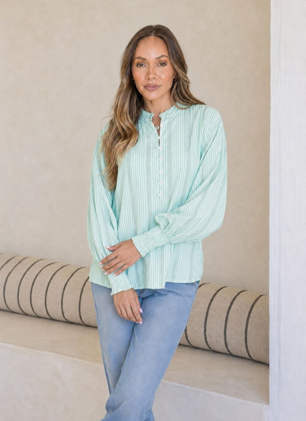 Seersucker Stripe Cotton Shirt | Spearmint