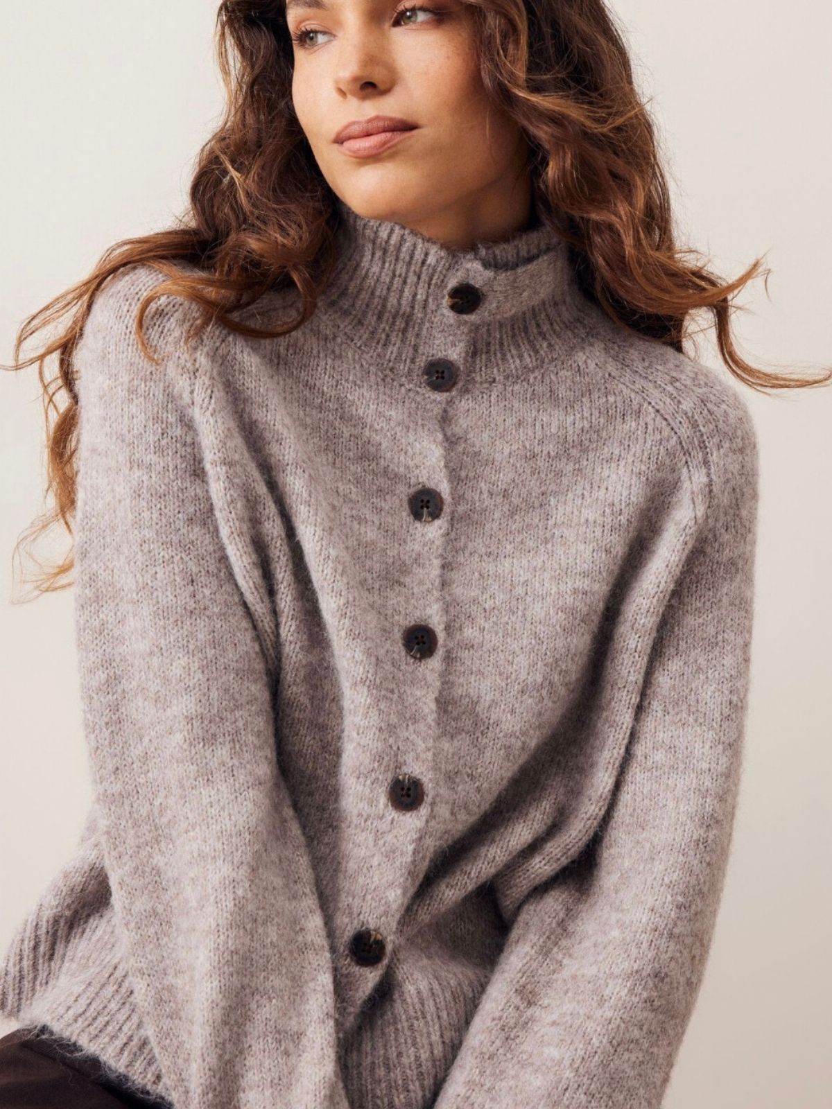 Riley Funnel Neck Tab Cardi | Taupe Marle