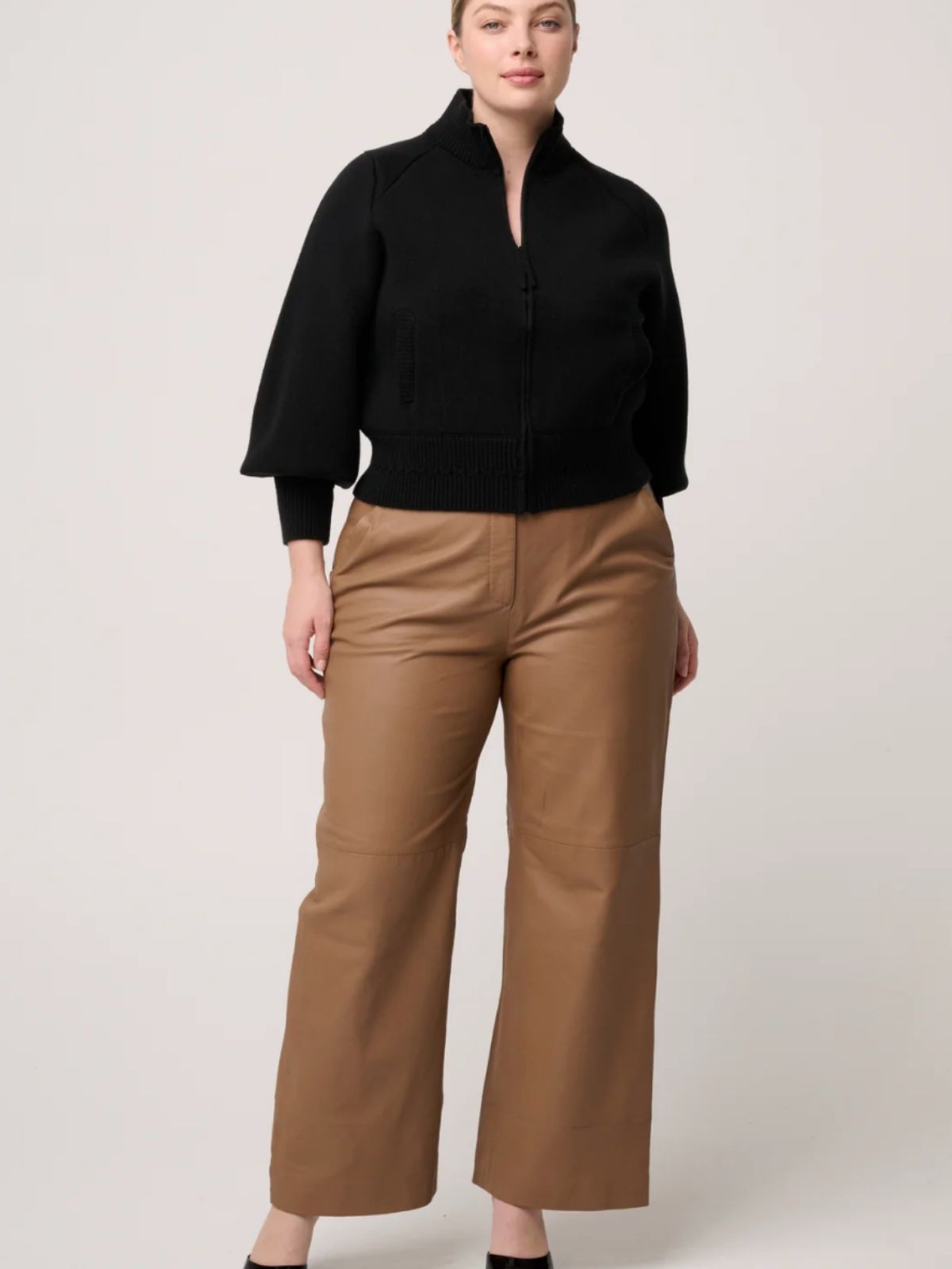 Jeanne Wool Blend Textured Knit Bomber Jacket | Black
