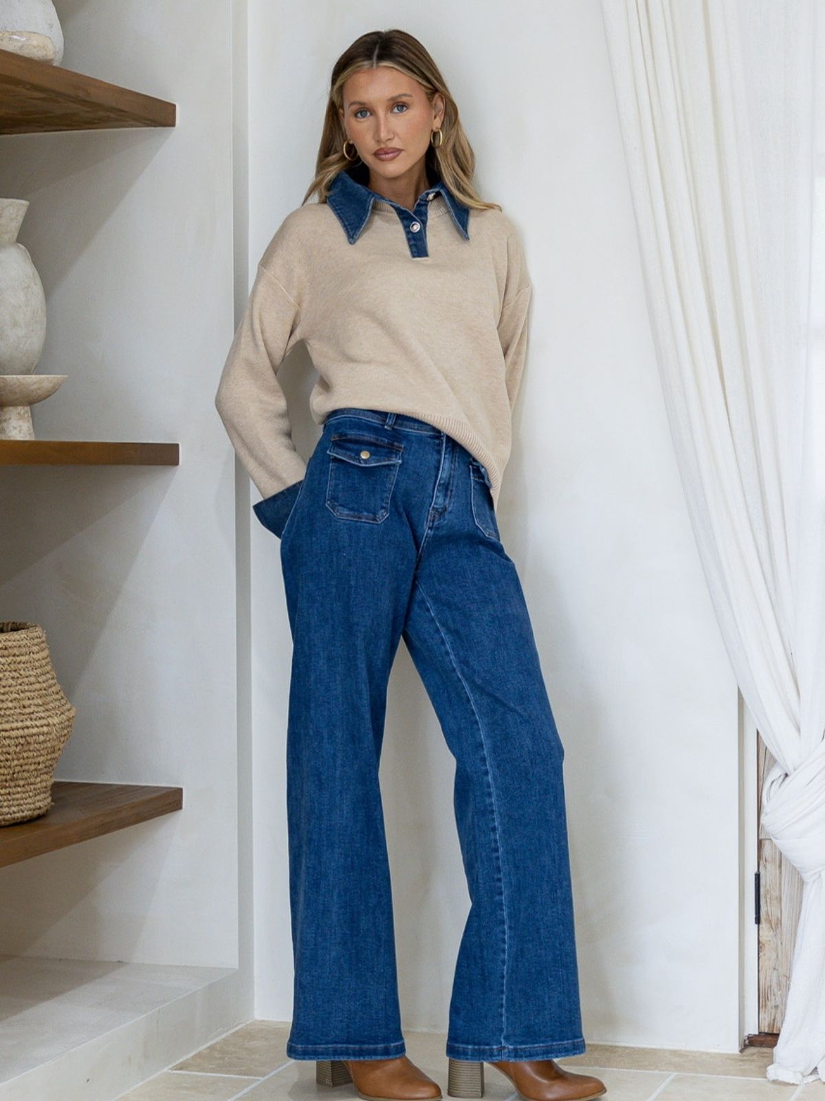 Denim Detail Knit | Latte