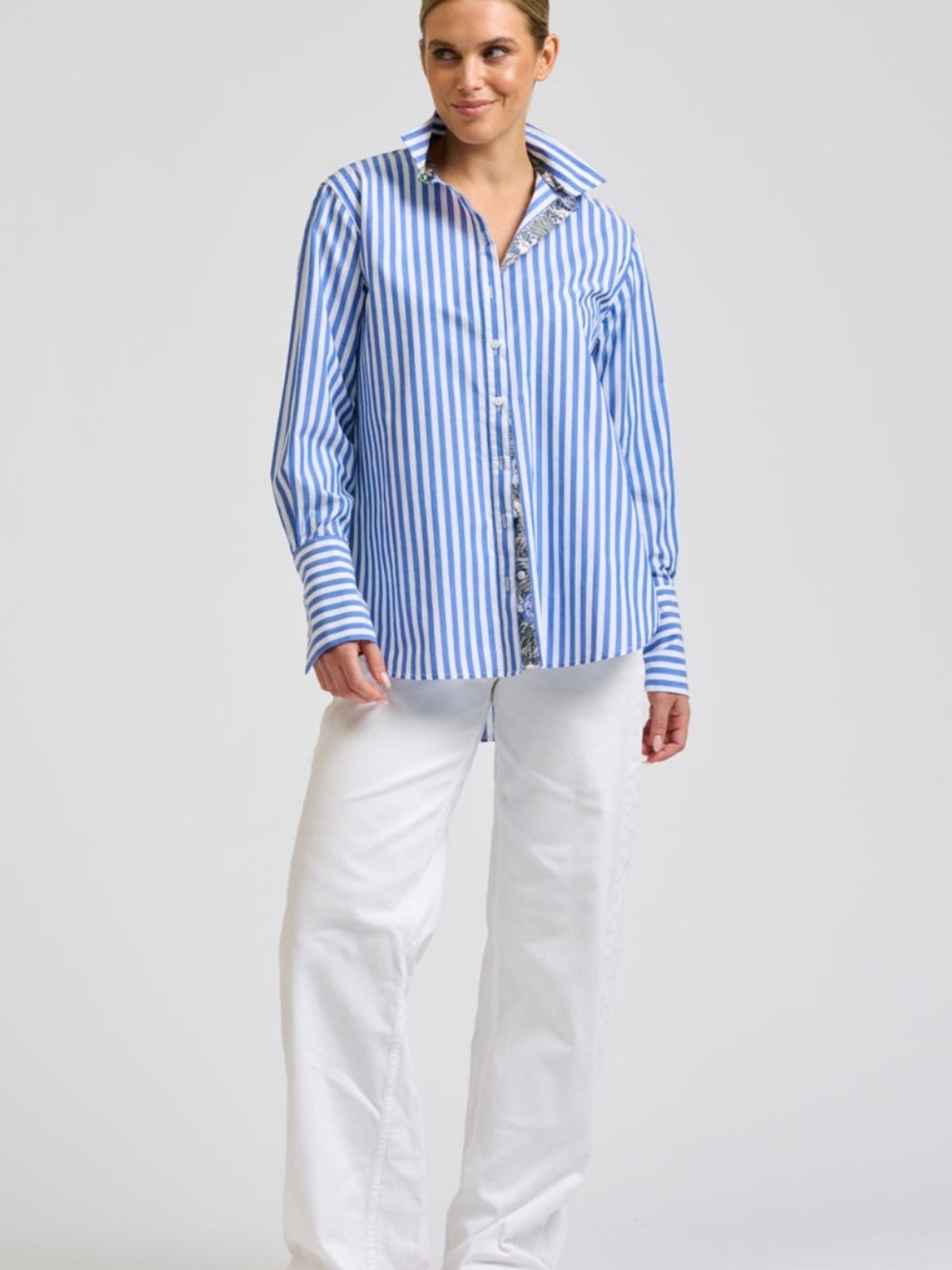Elodie Trim Silk Shirt | Mid Blue Stripe