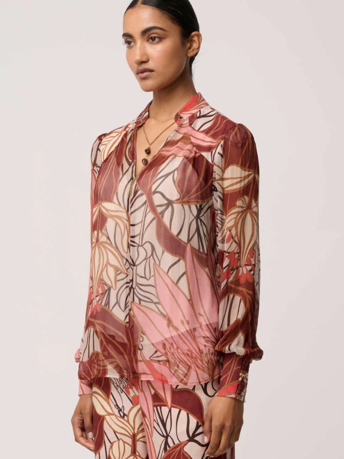 Freya Sheer Viscose Blouse with Embellished Neck Detail | Cathedral Botanic