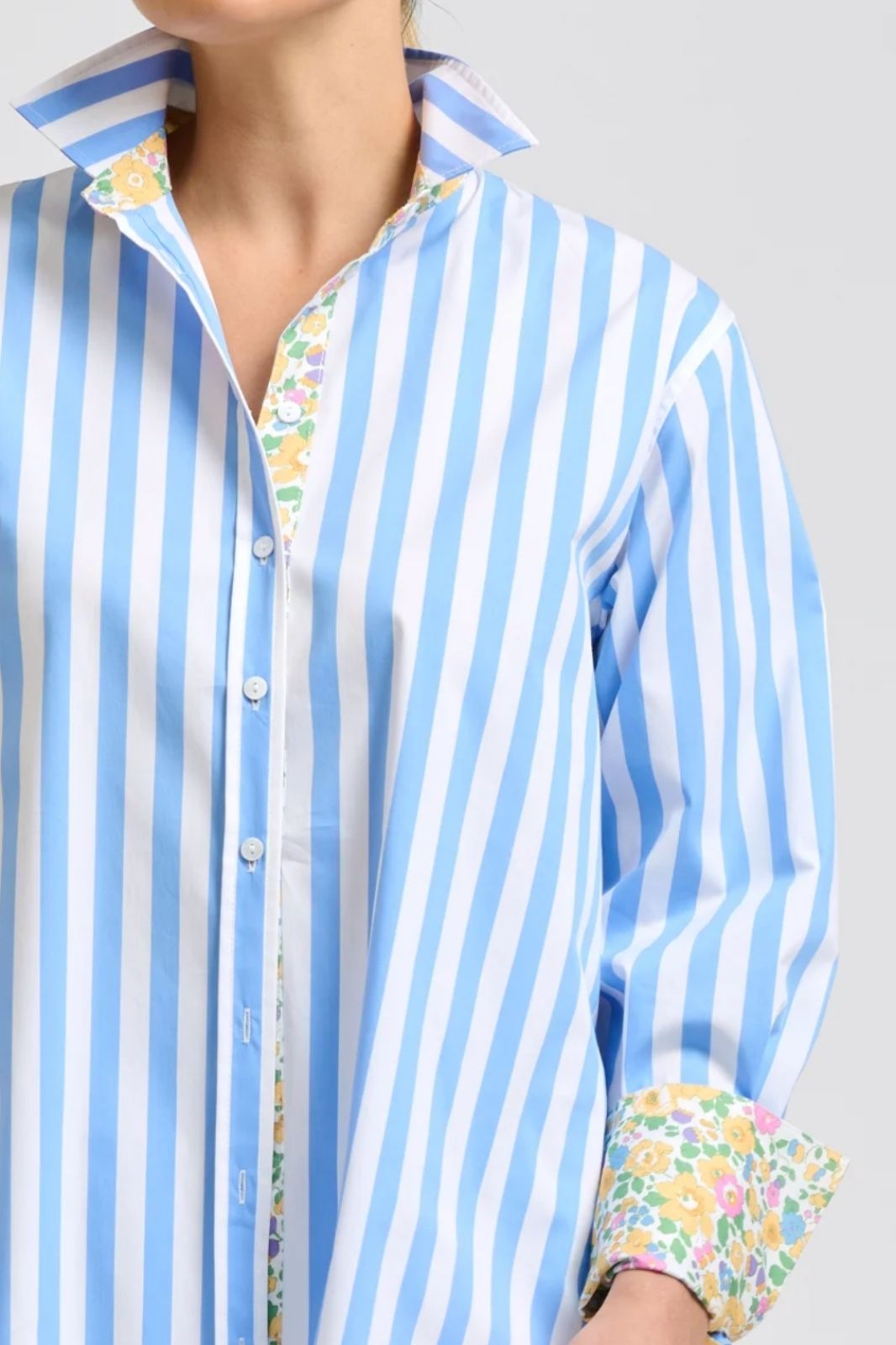 Elodie Trim Floral Shirt | Pale Blue Stripe