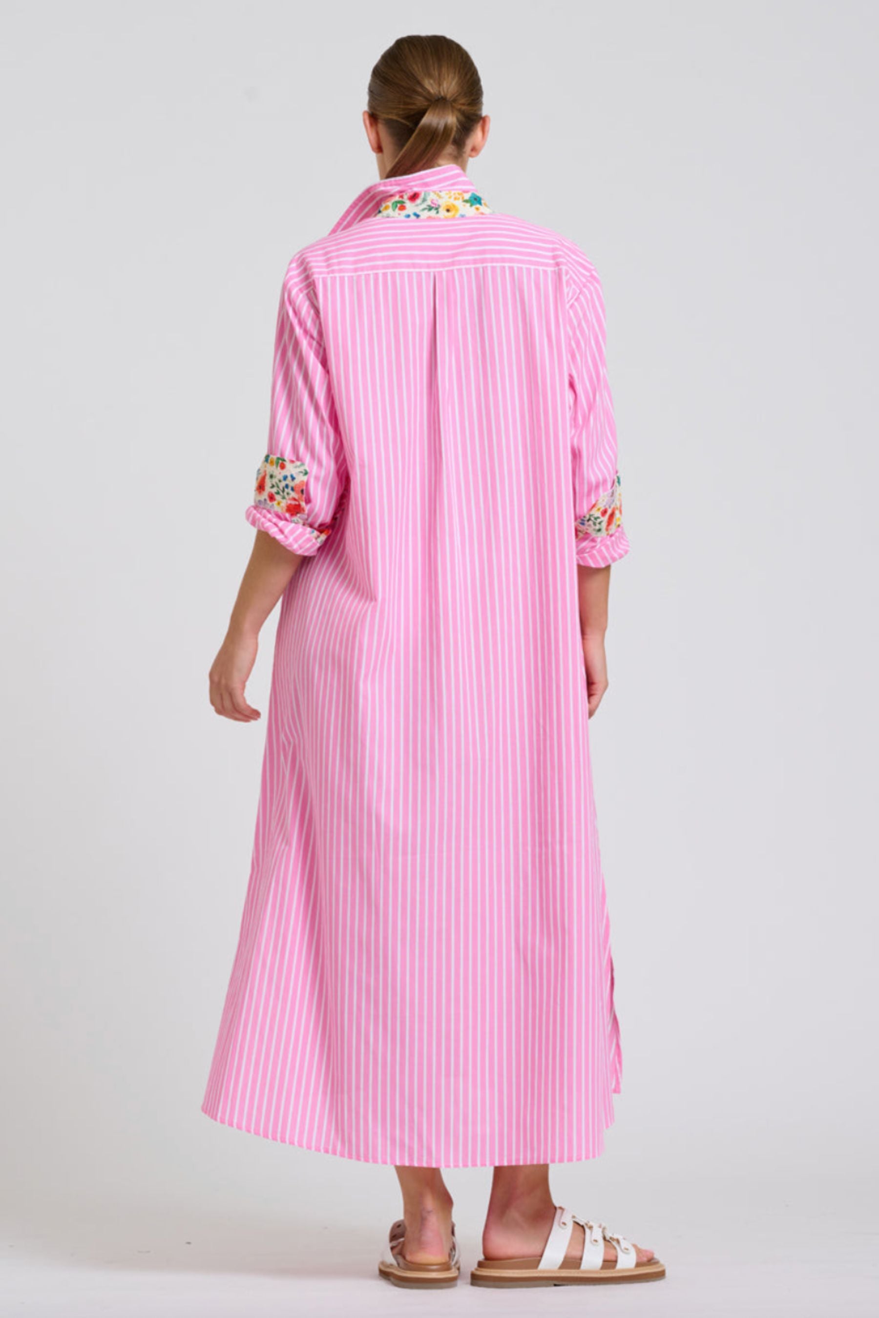 The Luna Longline Shirt Dress | Pink Stripe Floral Trim