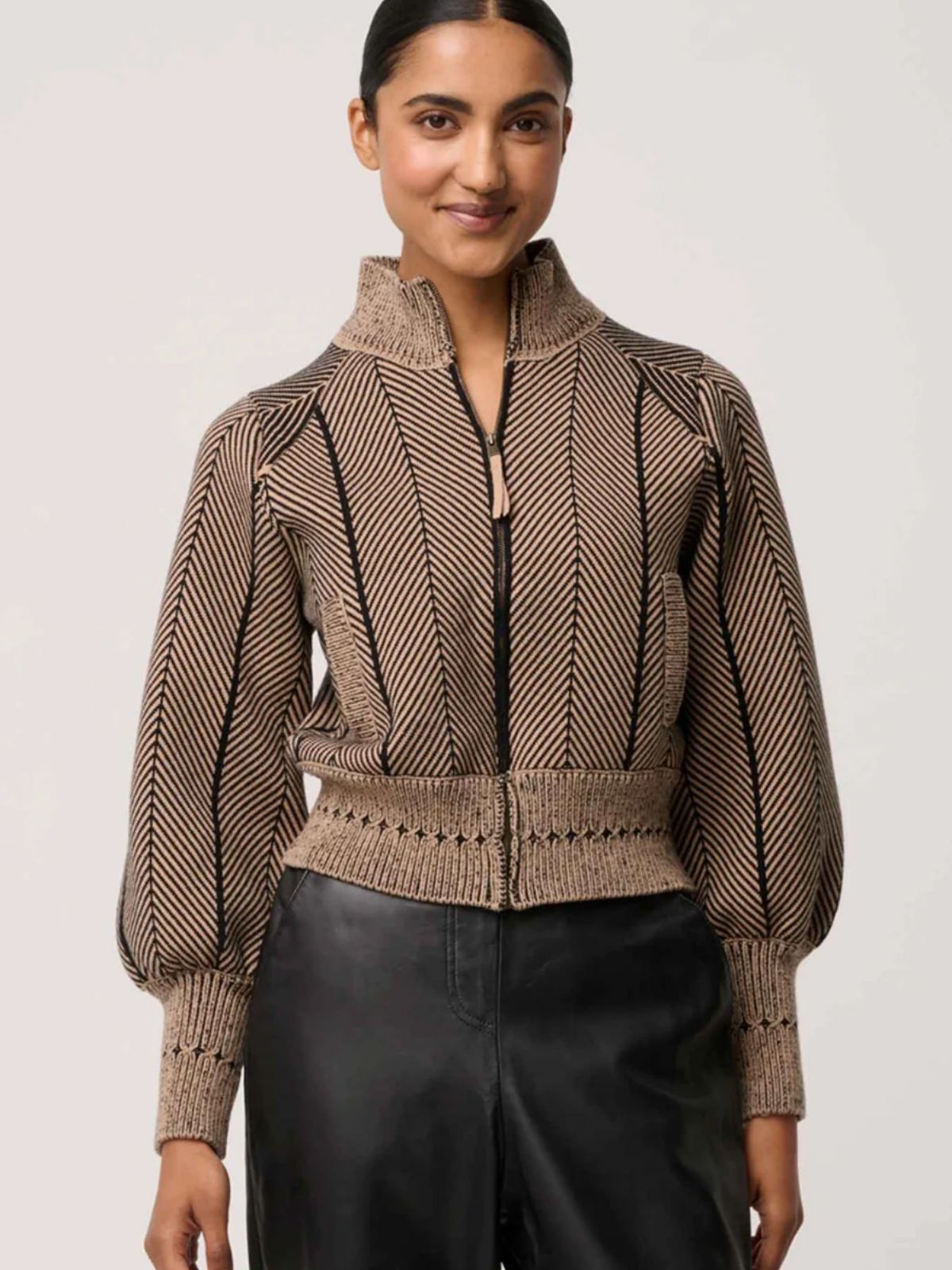 Jeanne Wool Blend Textured Knit Bomber Jacket | Tan Chevron