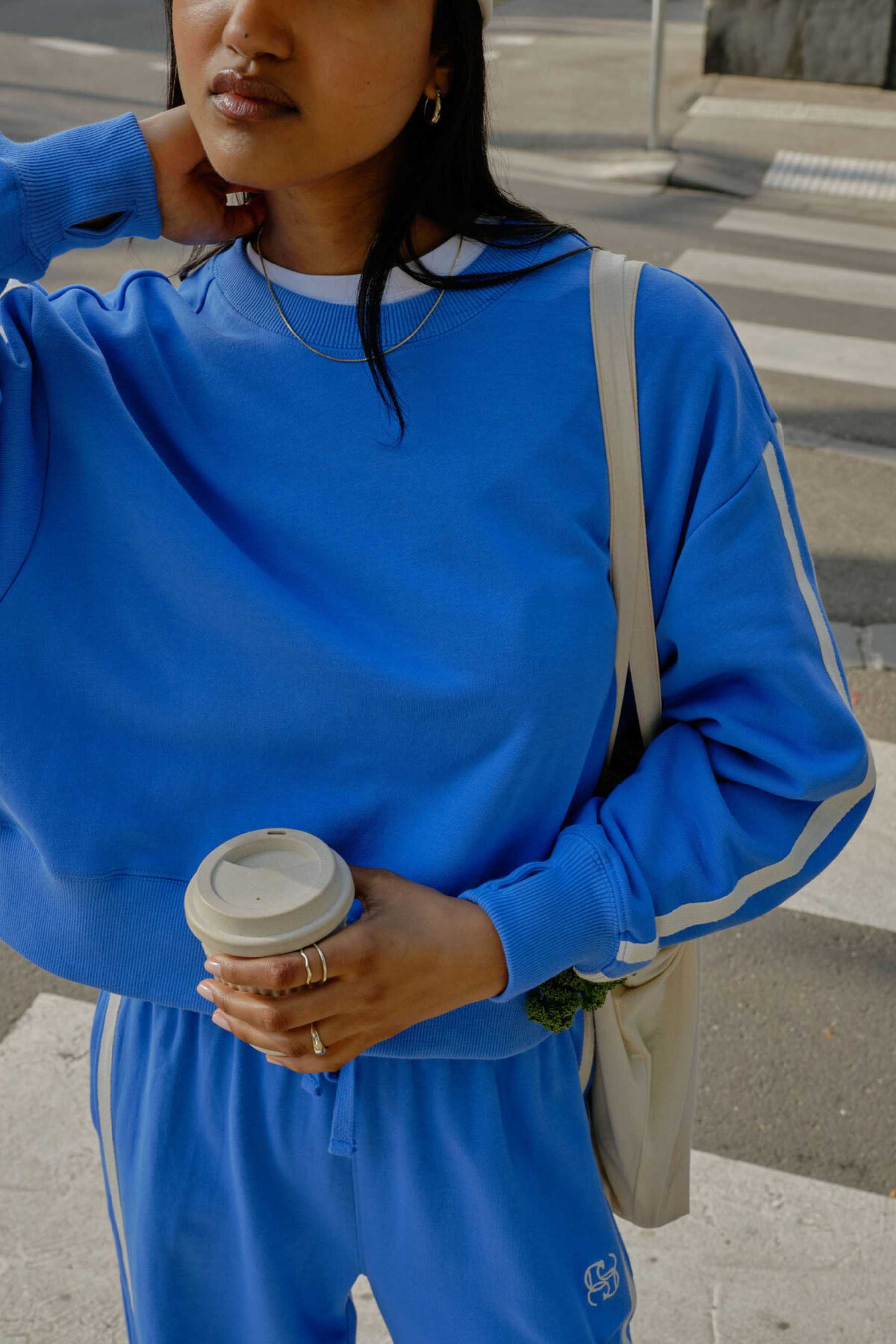 Sasha Sporty Slouchy Crew | Marine Blue Side Stripe