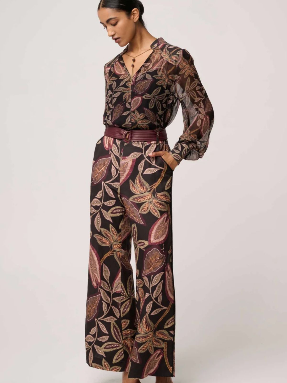 Freya Sheer Viscose Blouse with Embellished Neck Detail | Dark Tropique
