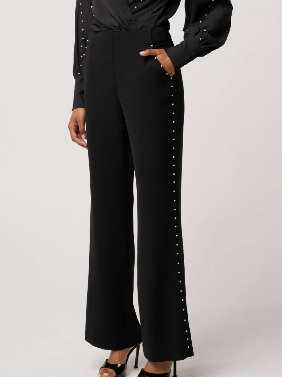 Marcela Pearl Embellished Viscose Stretch Pant | Black