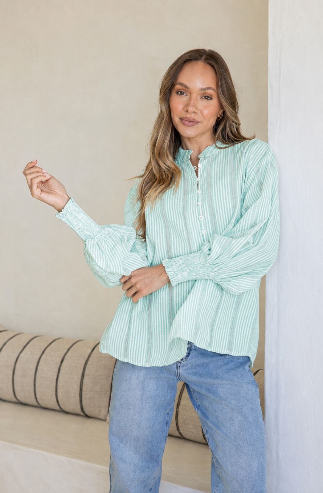 Seersucker Stripe Cotton Shirt | Spearmint