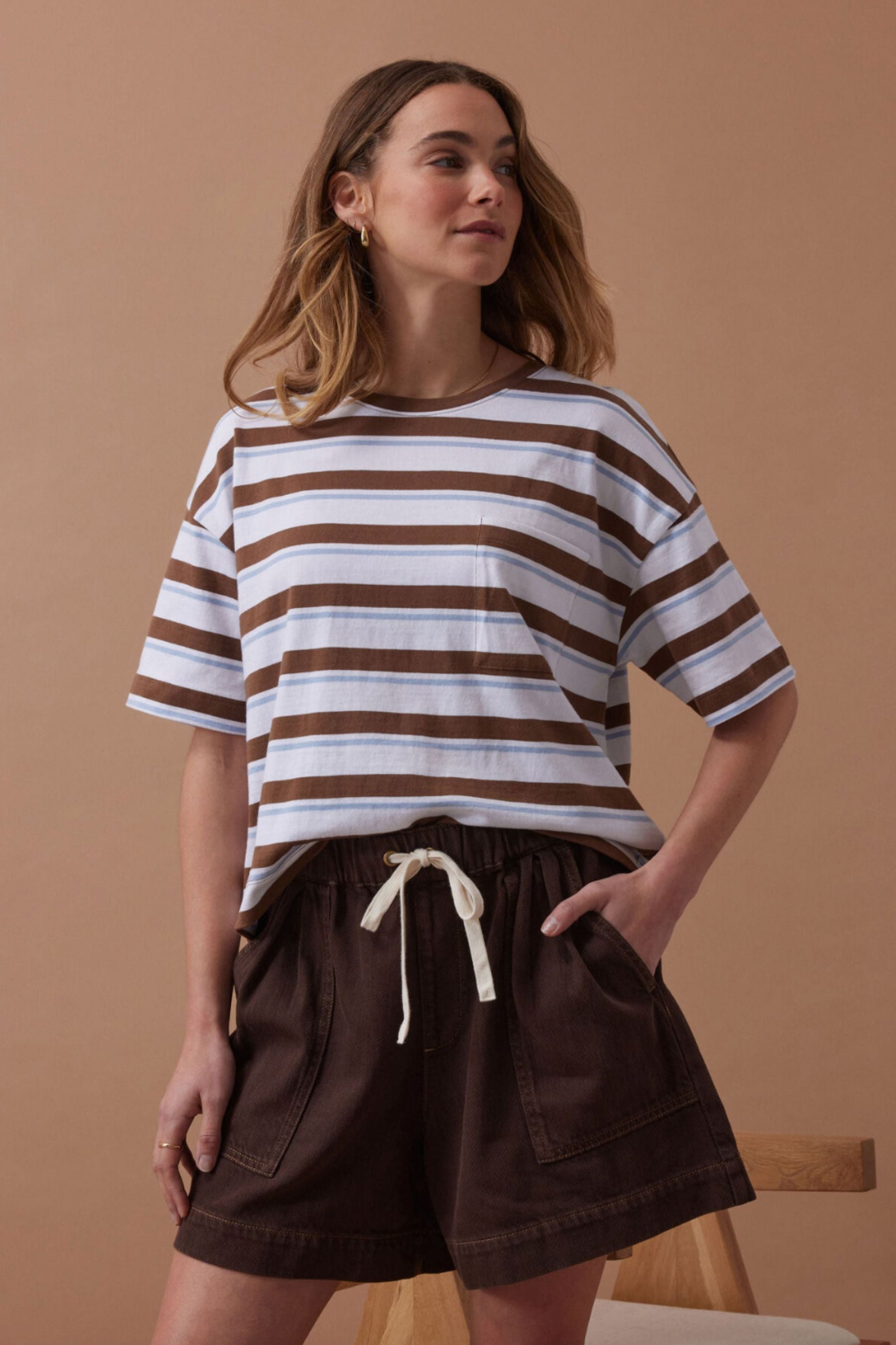 Boxy Pocket Tee | White/Milk Choc/Chalk Stripe