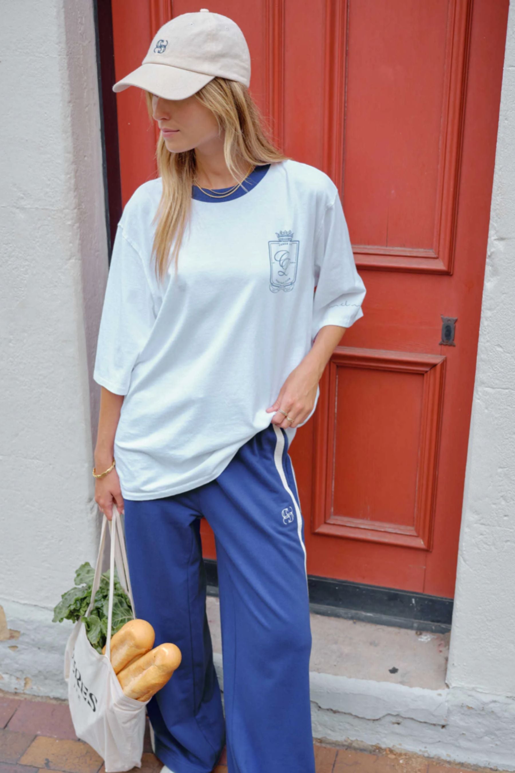 Gigi Wide Leg Terry Pant | Washed Navy Side Stripe