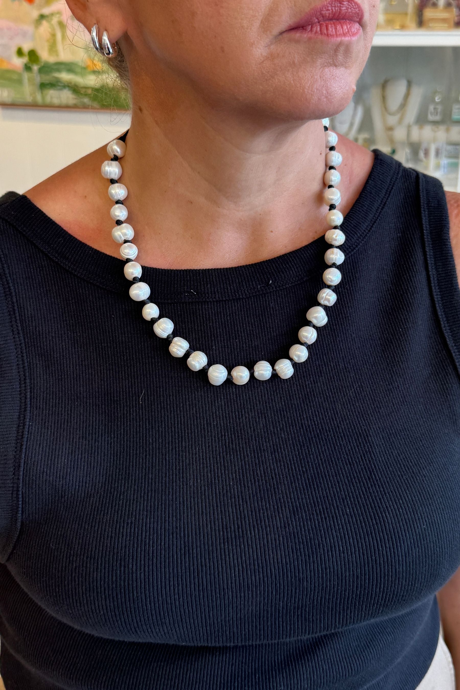 Pearl &amp; Black Silk Knot Necklace With Silver Heart Charm