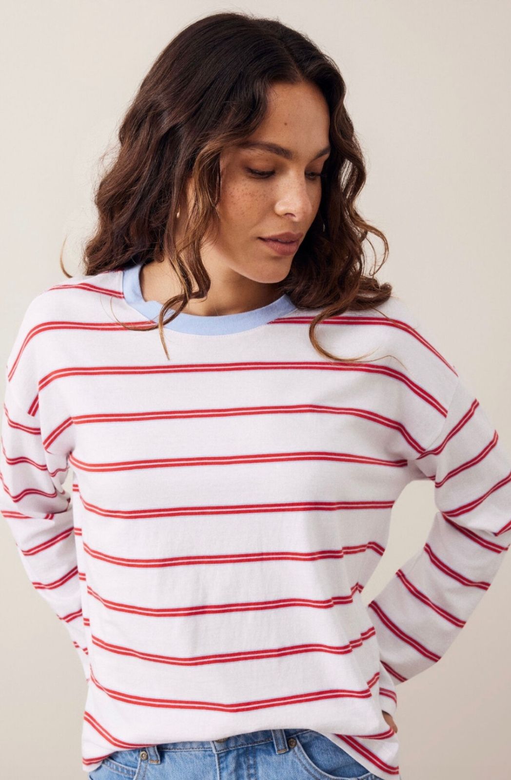 Scout Slouchy Long Sleeve Tee | White/China Blue/Chilli Red Stripe