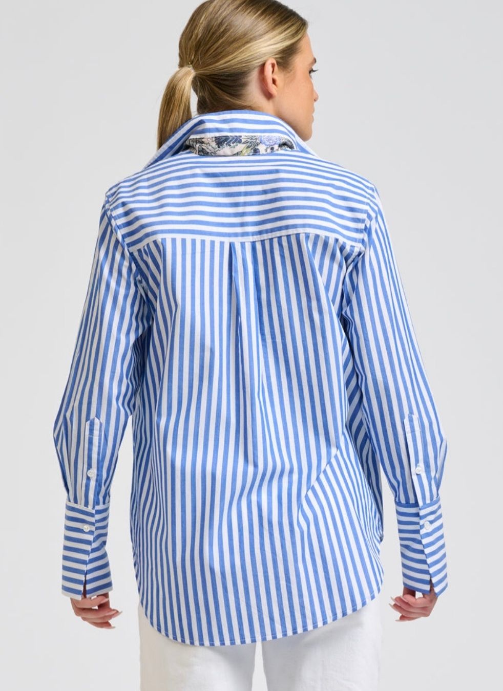 Elodie Trim Silk Shirt | Mid Blue Stripe