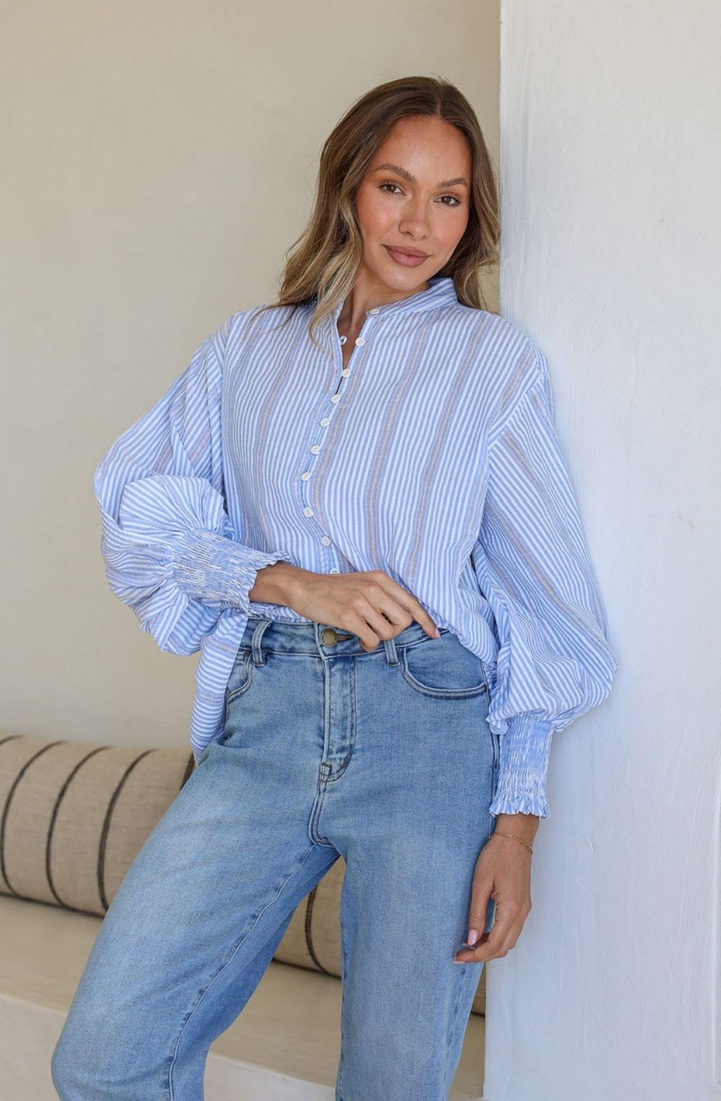 Seersucker Stripe Cotton Shirt | Blue