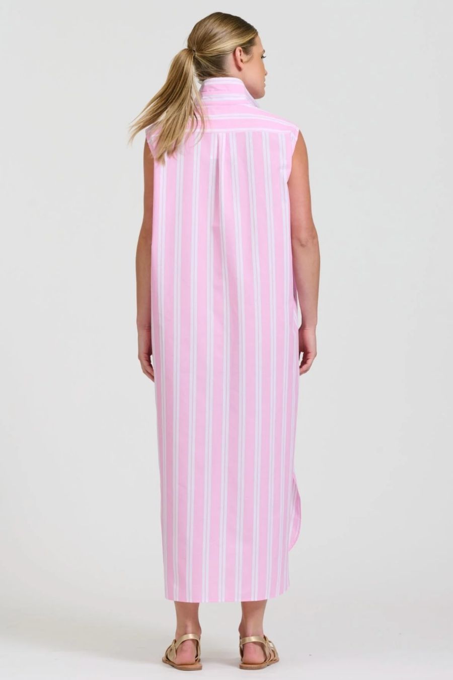 Button Sleeveless Long Shirt Dress | Pink Stripe