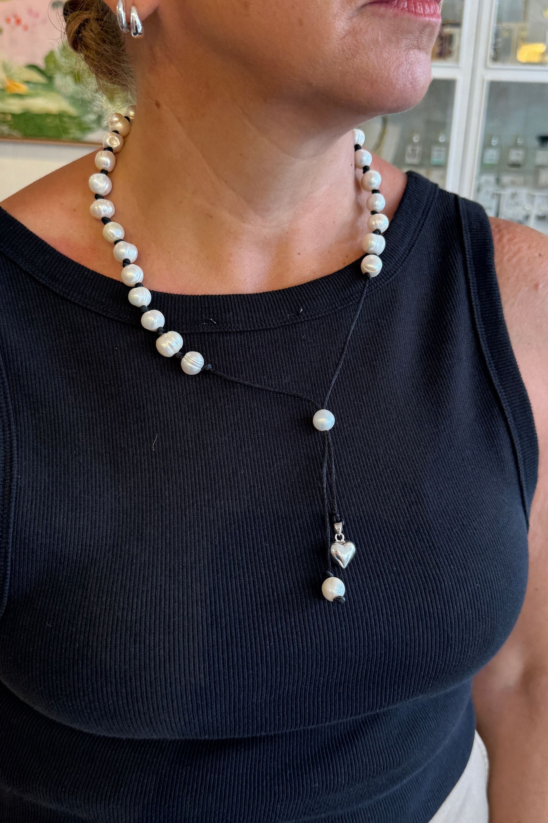 Pearl &amp; Black Silk Knot Necklace With Silver Heart Charm