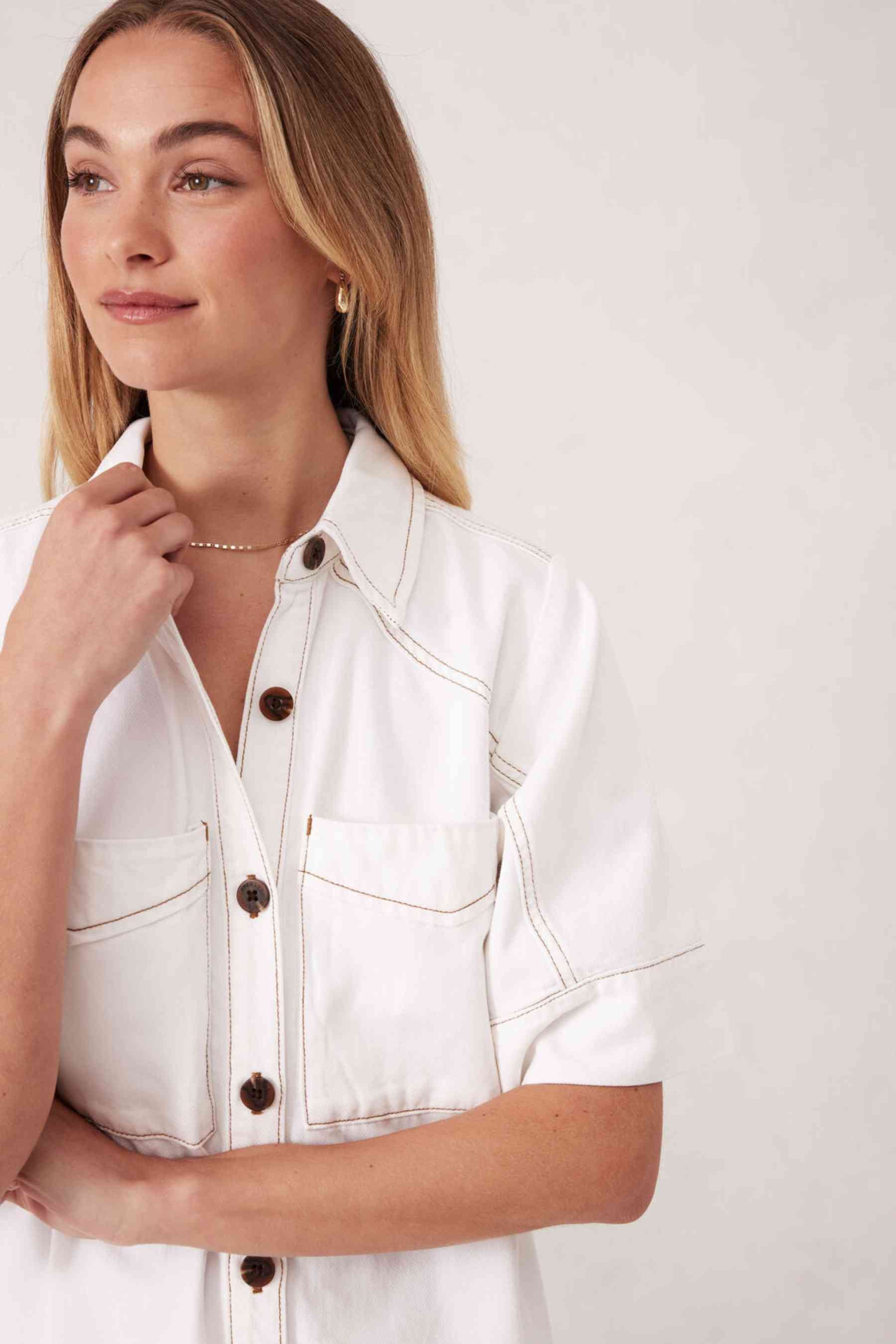 Short Sleeve Yoke Detail Midi Dress | Ecru Twill