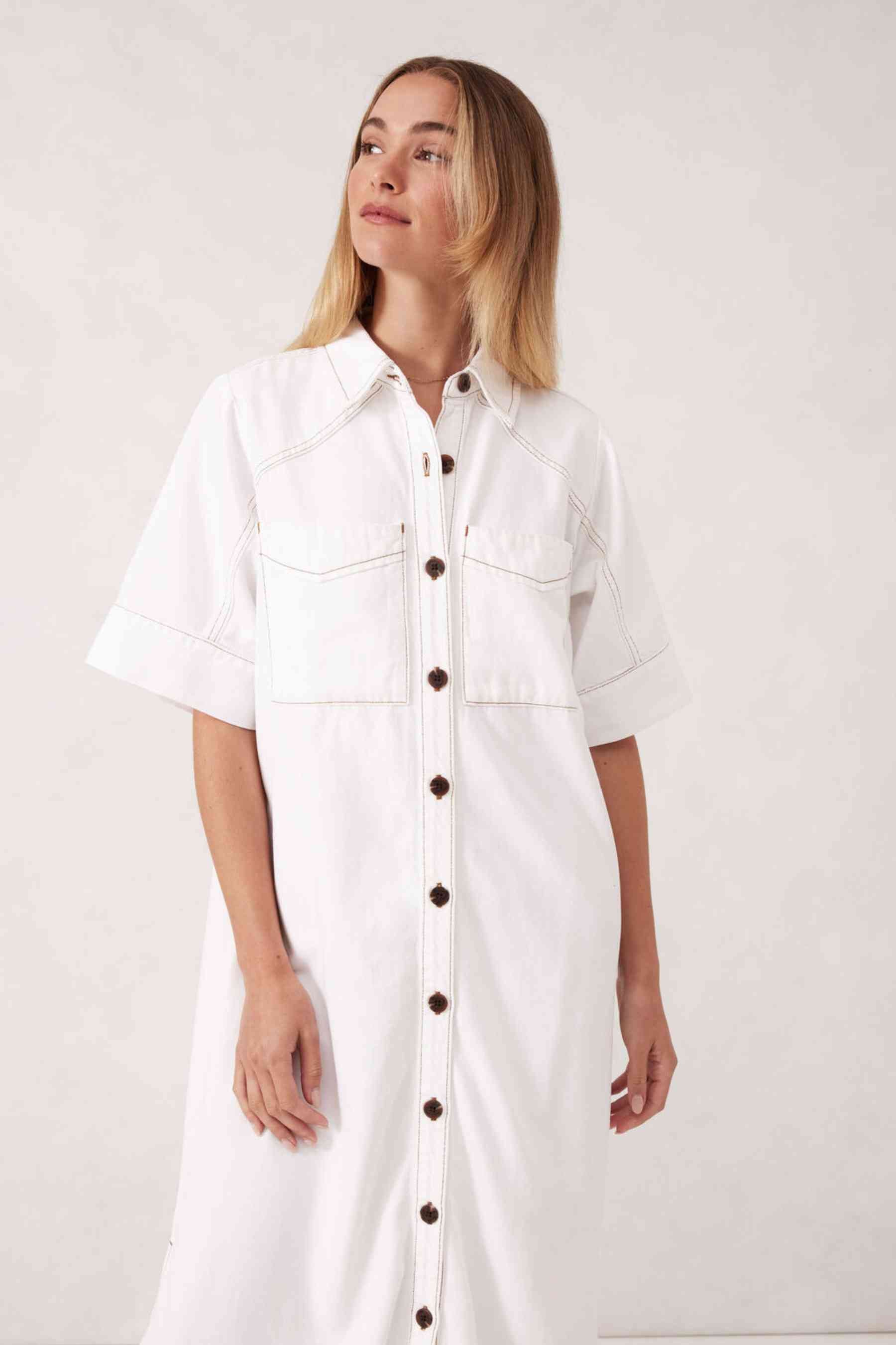 Short Sleeve Yoke Detail Midi Dress | Ecru Twill