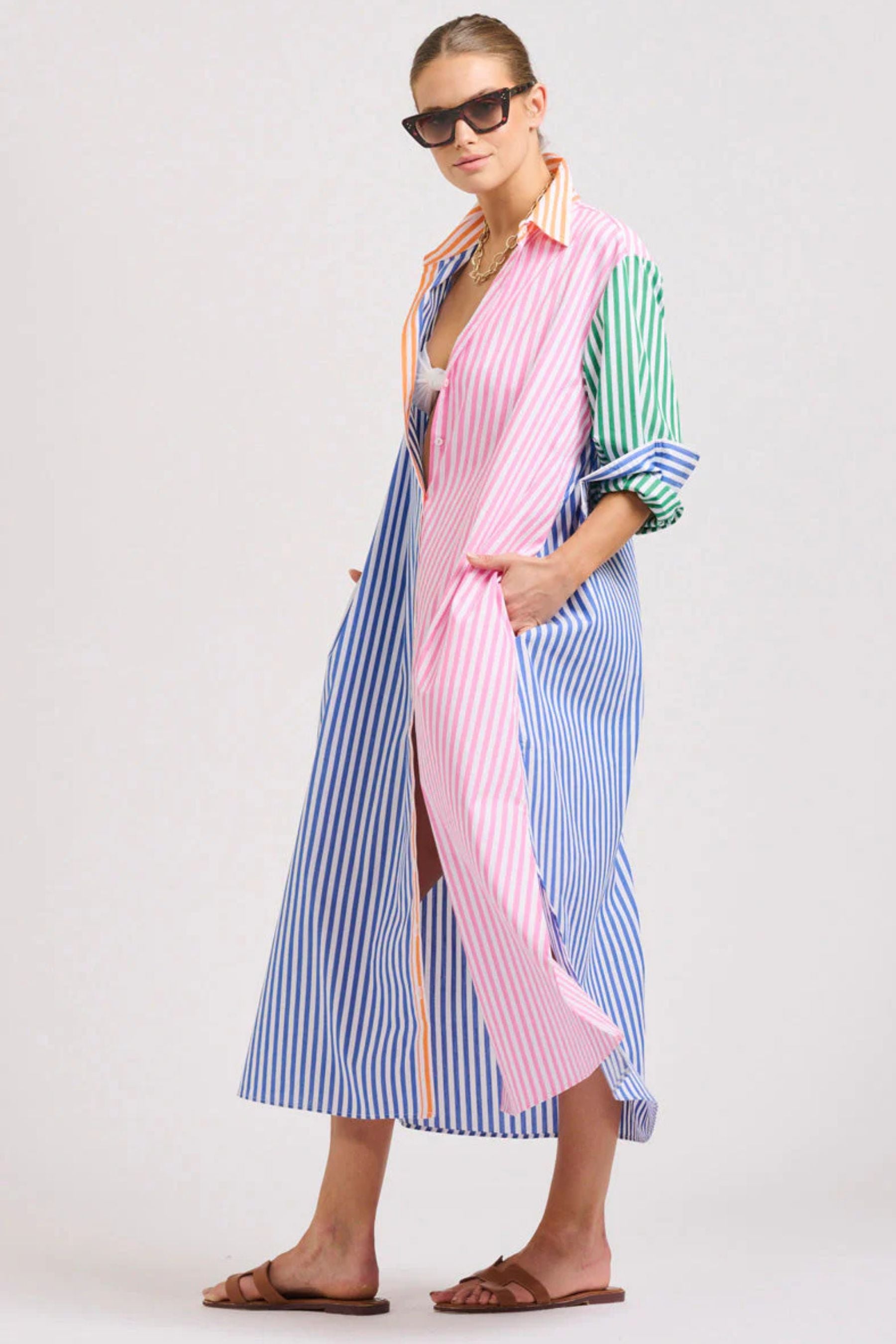 The Luna Long Shirt Dress | Bright Stripe Combo