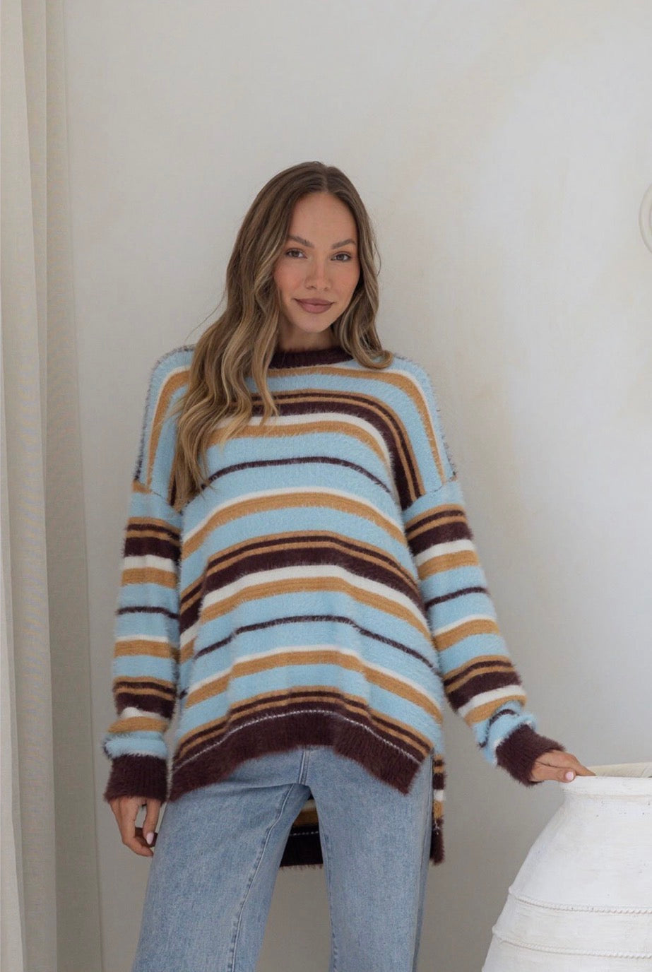 Multi Stripe Fluffy Knit | Pale Blue, Choc, Caramel Combo