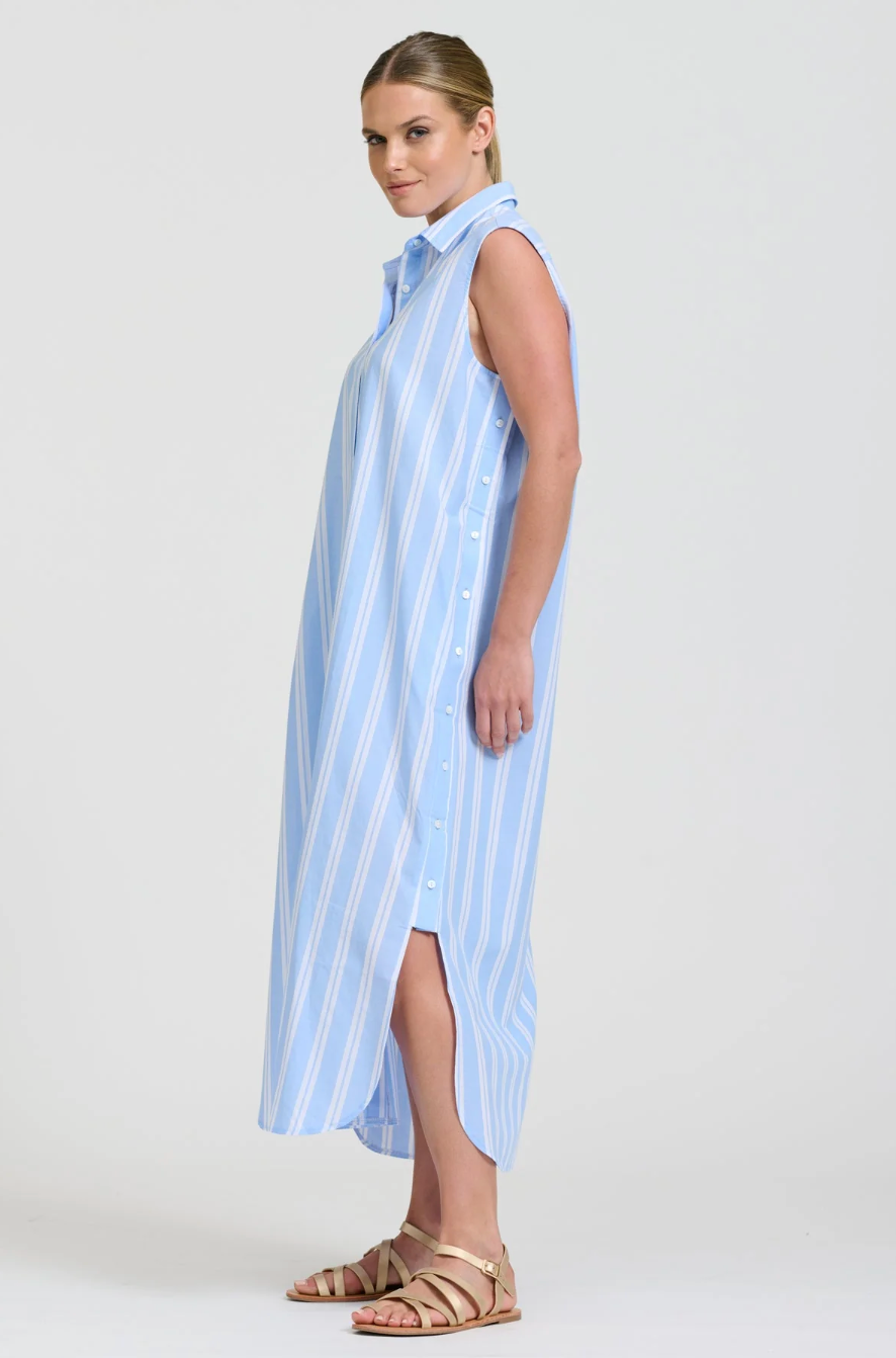 Button Sleeveless Long Shirt Dress | Pale Blue Stripe