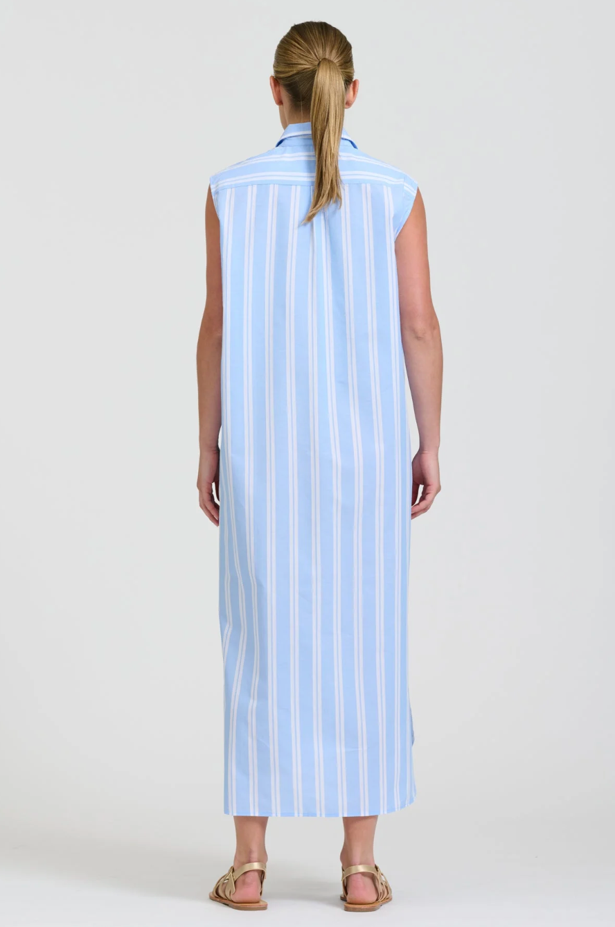 Button Sleeveless Long Shirt Dress | Pale Blue Stripe