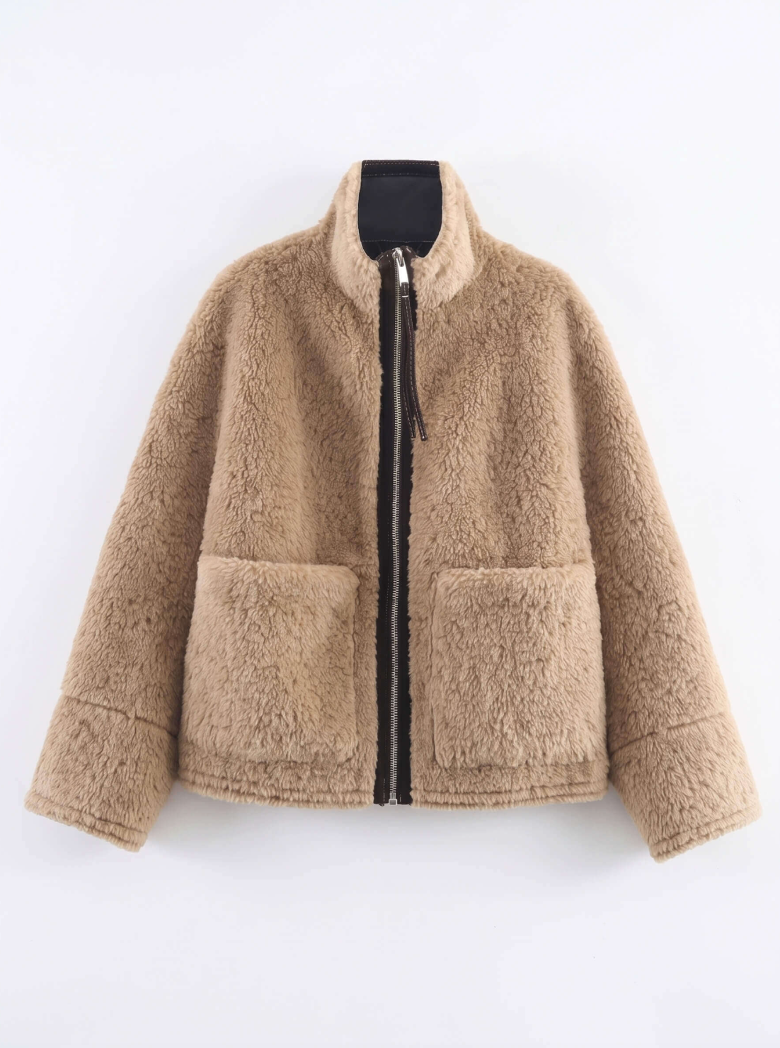 Zip Front Teddy Funnel Neck Jacket | Camel