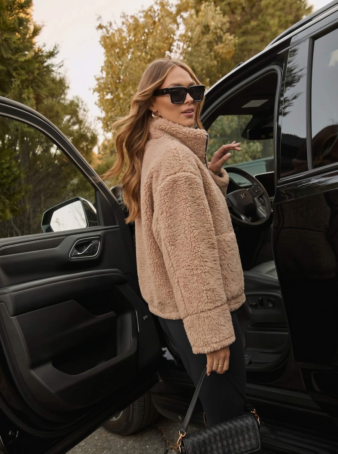 Zip Front Teddy Funnel Neck Jacket | Camel