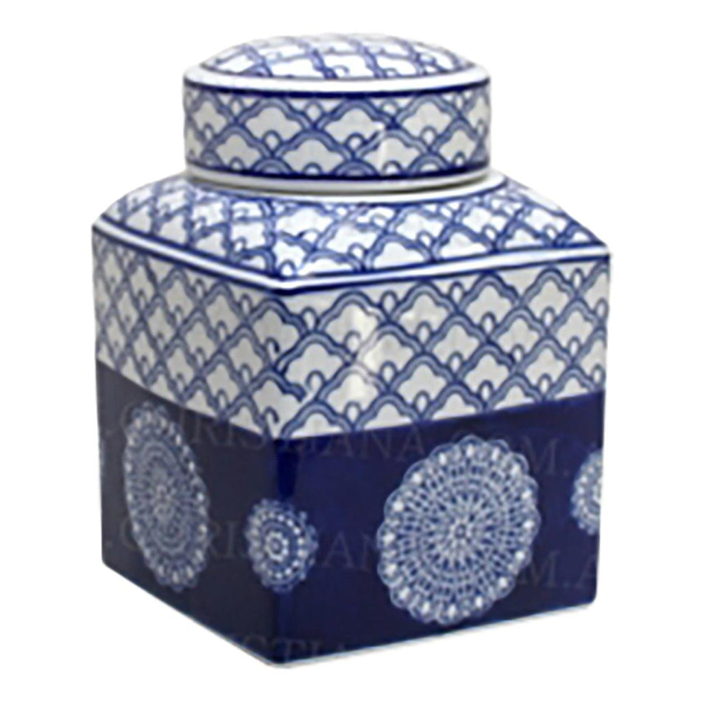 Jonglea  Blue and White Rising Sun Sq Jar available at Rose St Trading Co