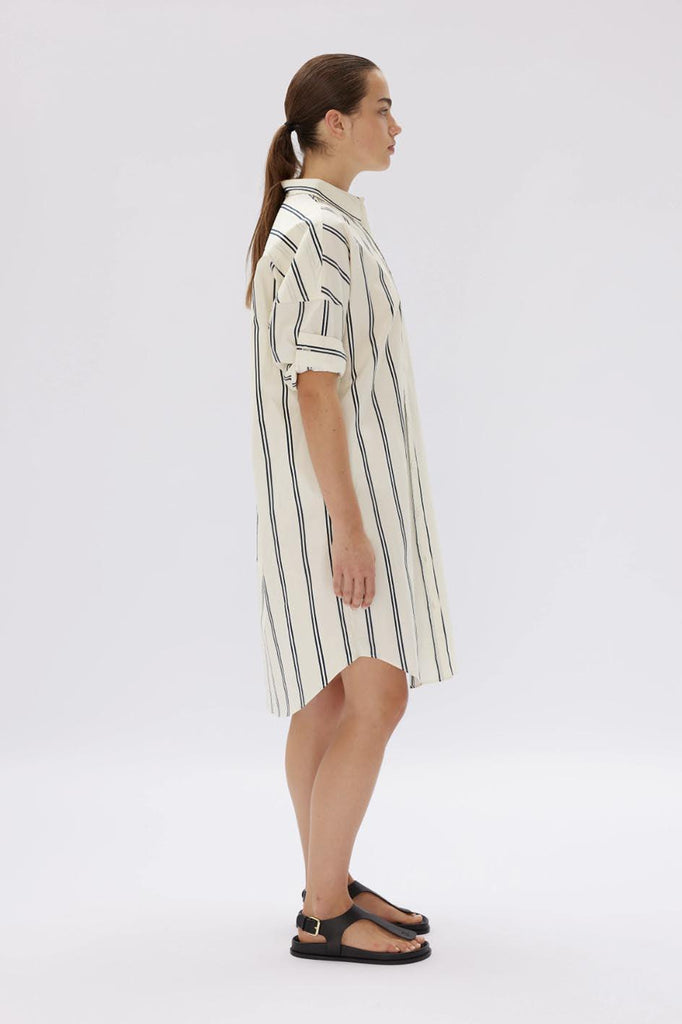 Chiara Classic Shirt Dress Two Stripe | Vanilla/Navy - Rose St Trading Co