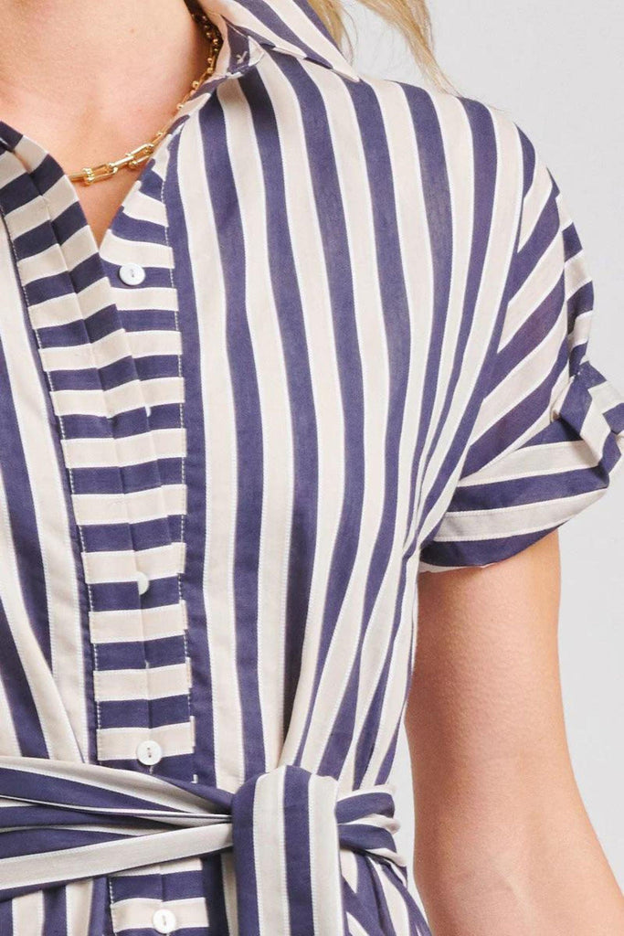 Emma Dress | Navy/Stone Stripe by Shirty in stock at Rose St Trading Co