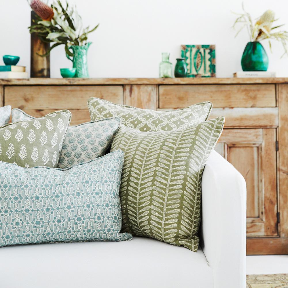Walter G  Fez Celadon Linen Cushion -35 x 55cm available at Rose St Trading Co