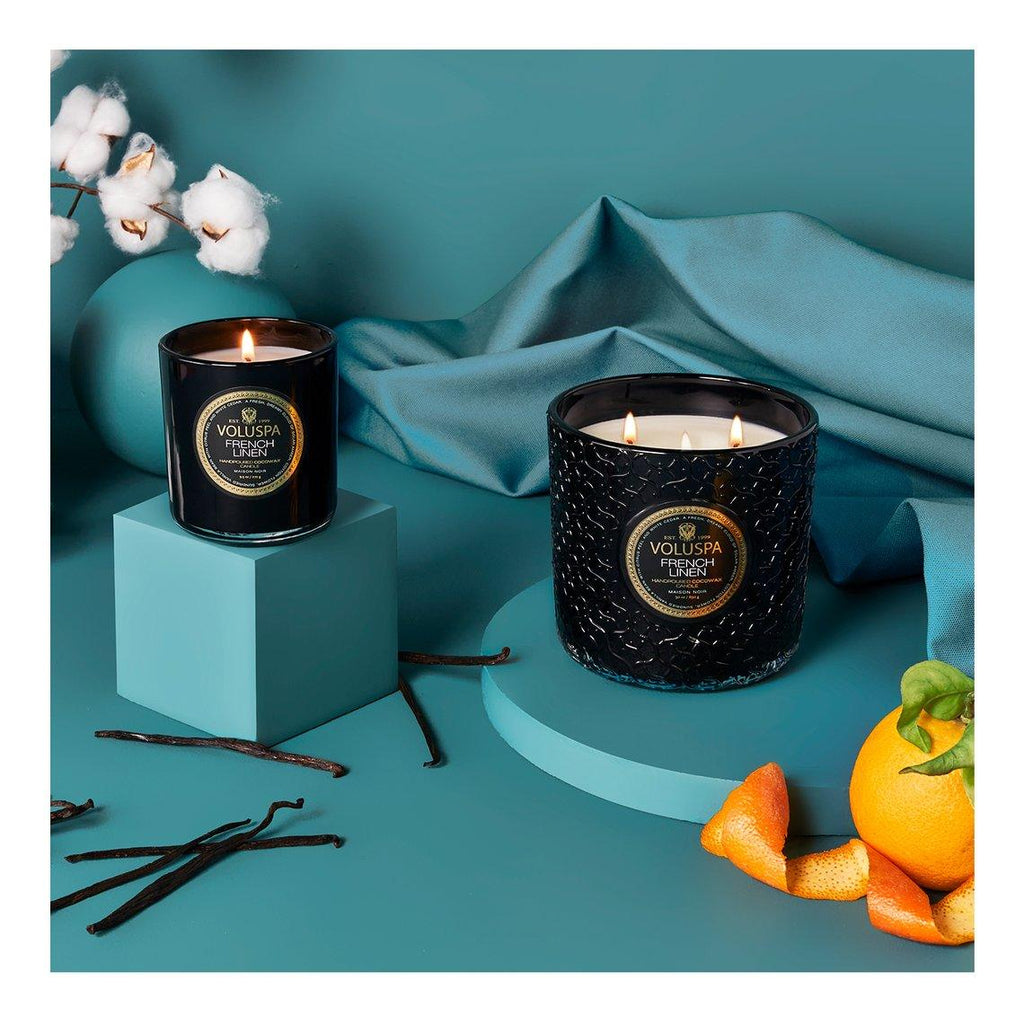 Voluspa  French Linen 3 Wick Luxe Candle available at Rose St Trading Co