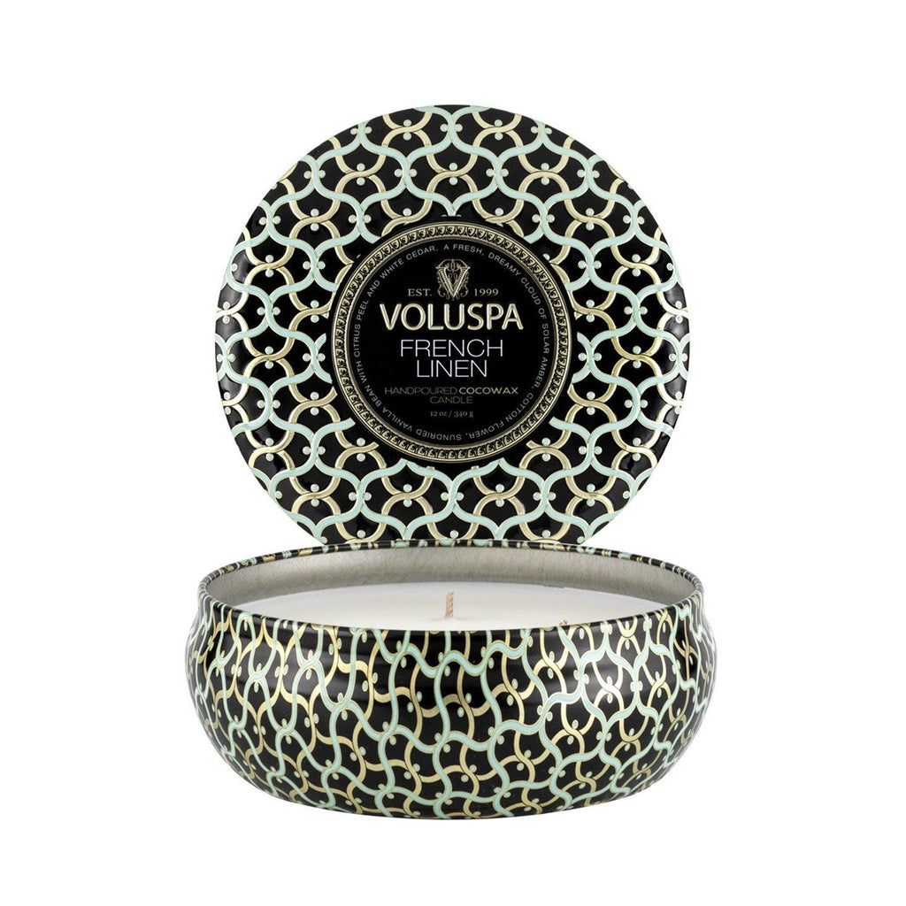 Voluspa  French Linen 3 Wick Tin Candle available at Rose St Trading Co