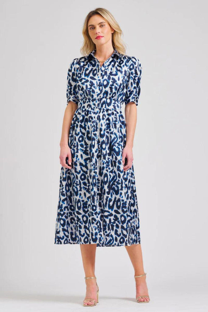 Gabby Long Dress | Blue Leopard by Shirty in stock at Rose St Trading Co