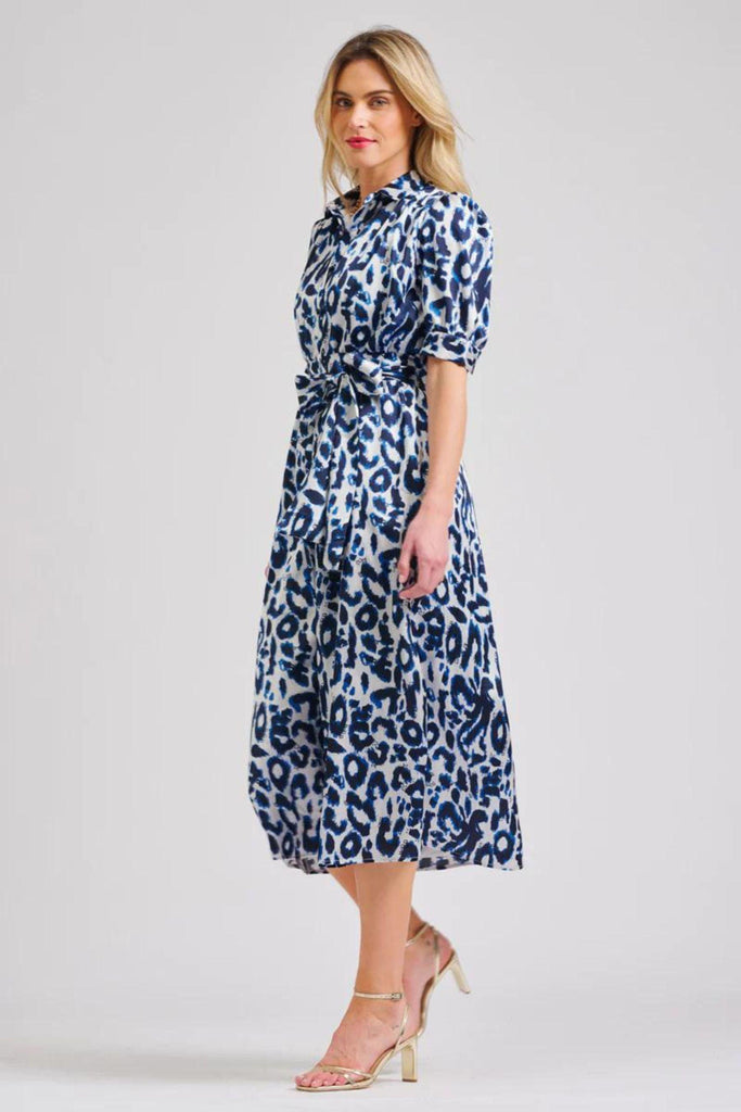 Gabby Long Dress | Blue Leopard by Shirty in stock at Rose St Trading Co