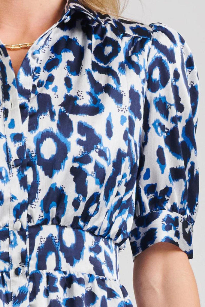 Gabby Long Dress | Blue Leopard by Shirty in stock at Rose St Trading Co