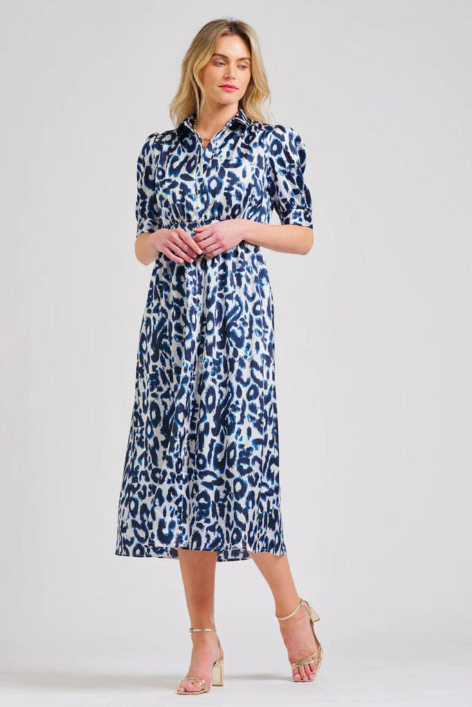 Gabby Long Dress | Blue Leopard by Shirty in stock at Rose St Trading Co