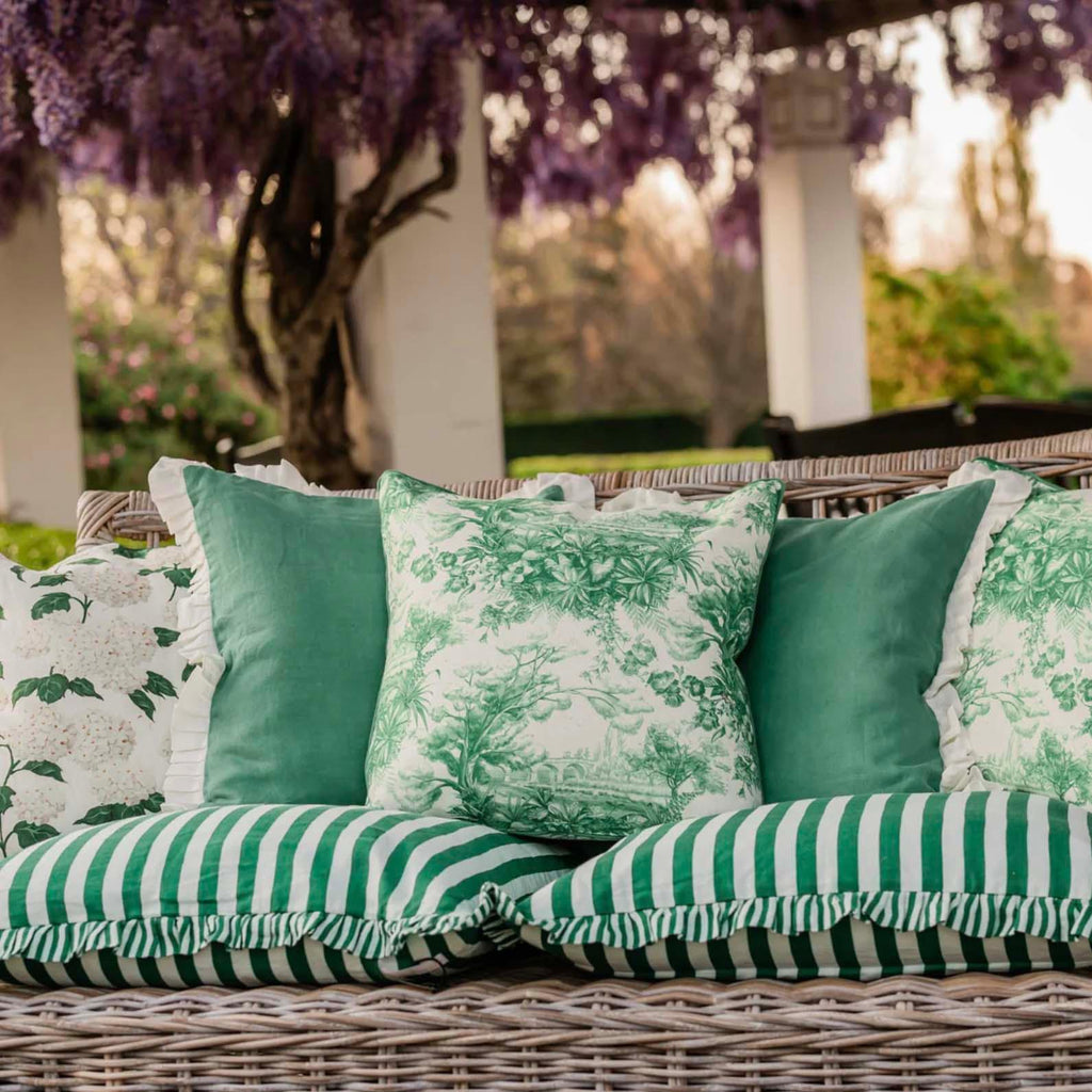 Green Ruffle Stripe Cushion | 65 x 65cm by Luxe & Beau in stock at Rose St Trading Co