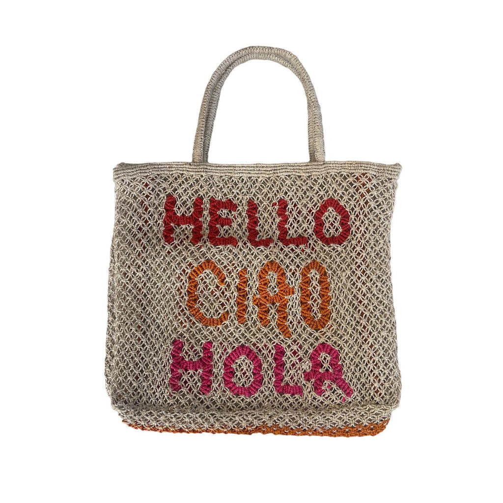 Hello-Ciao-Hola Jute Bag | Natural/Pink Red - Rose St Trading Co