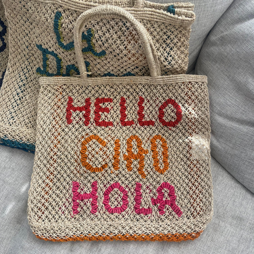 Hello-Ciao-Hola Jute Bag | Natural/Pink Red - Rose St Trading Co