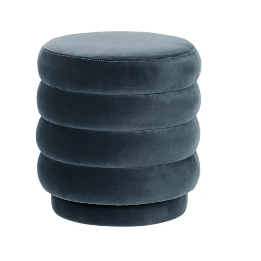 Globe West  Kennedy Ribbed Round Ottoman | Slate Blue Velvet available at Rose St Trading Co