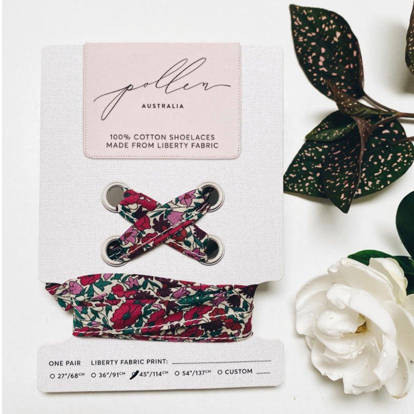 Pollen Australia  Liberty Shoe Laces | Petal & Bud B (Wine) available at Rose St Trading Co