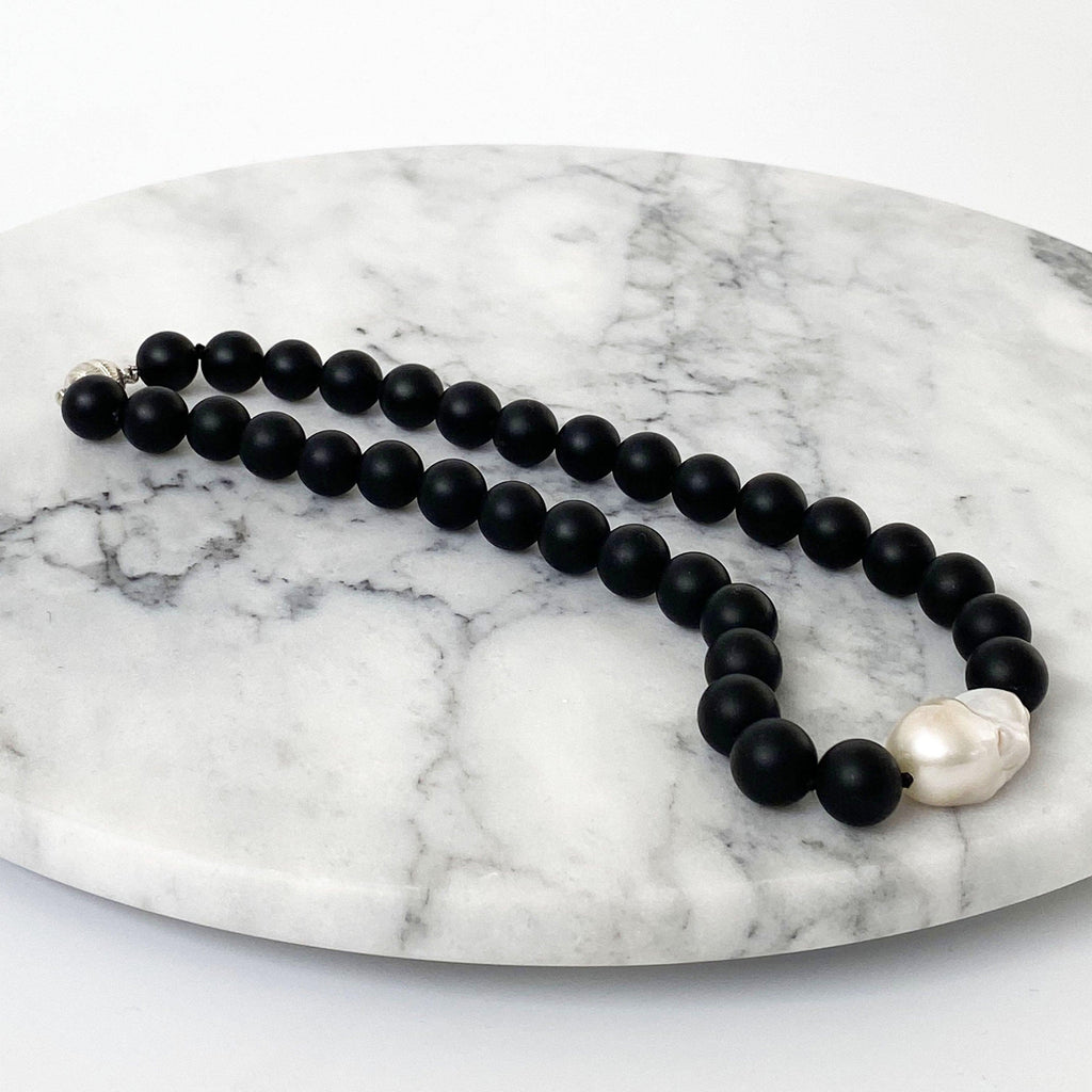 RSTC  Matt Black Onyx and Baroque Pearl Necklace available at Rose St Trading Co